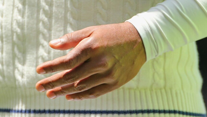 Ouch ... Sangakkara sports some damage to his left finger.