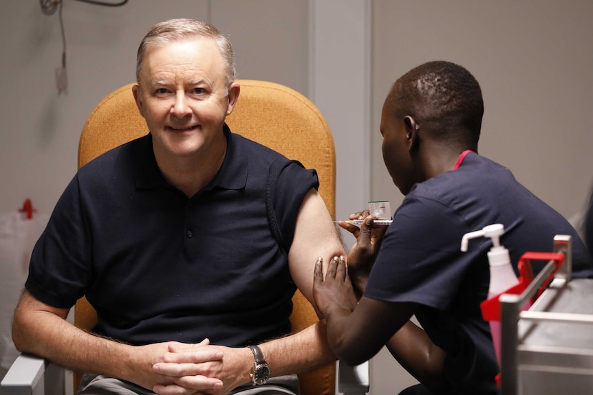 Anthony Albanese with sleeve rolled up while nurse gives him a vaccine.