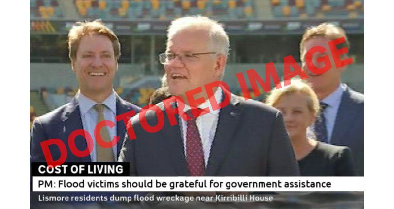 Scott Morrison speaking at a press conference. A red overlay reading "DOCTORED IMAGE" is present.