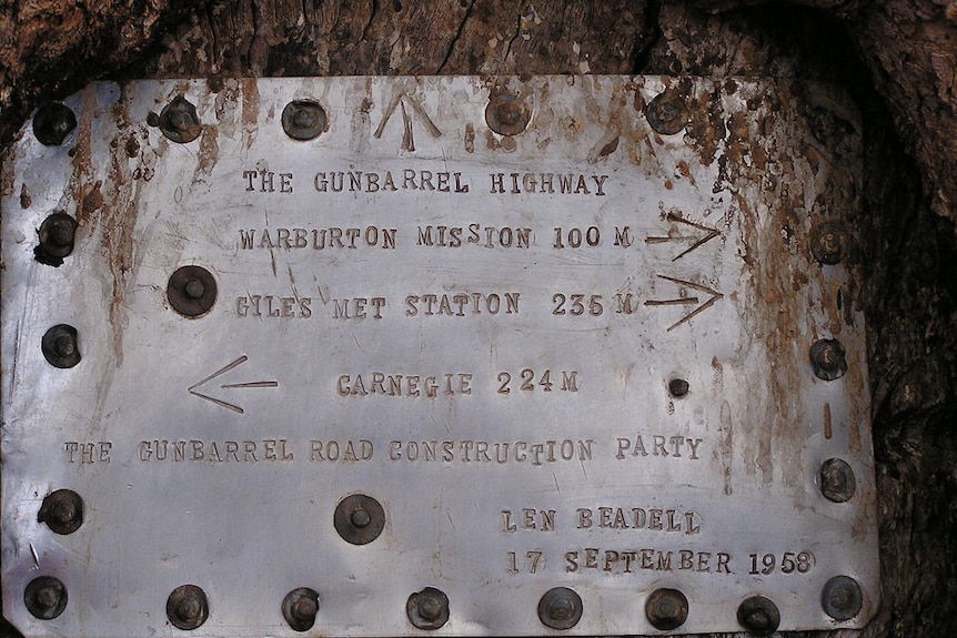 One of the Len Beadell's plaques on the Gunbarrel Highway