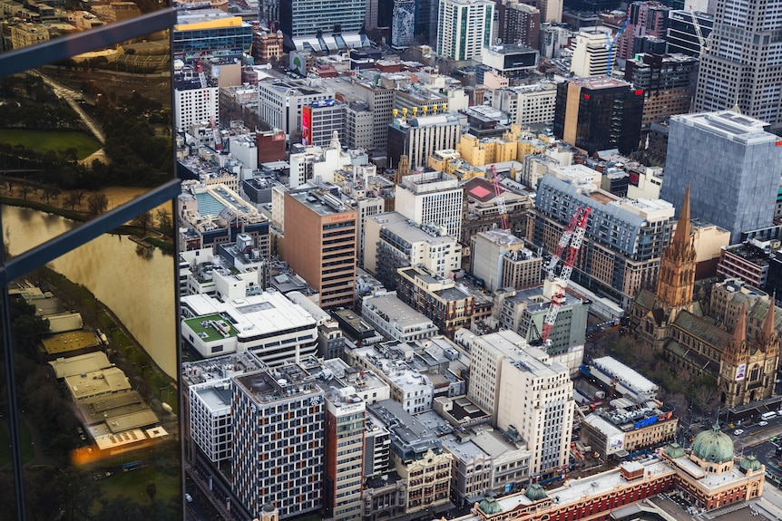 A view of Melbourne's CBD rooftops from above.