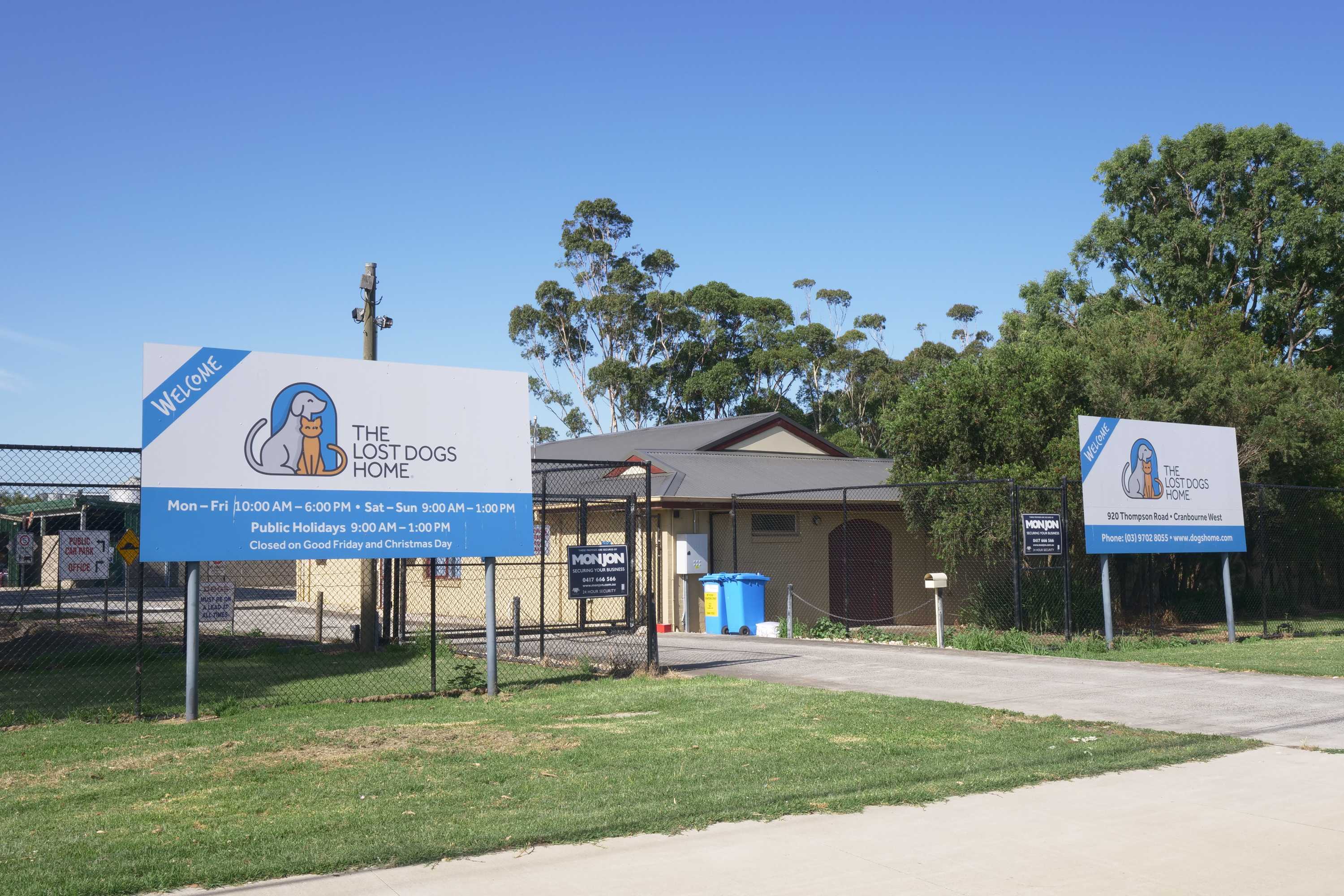 A yellow building with a "Lost Dogs Home" sign out the front.