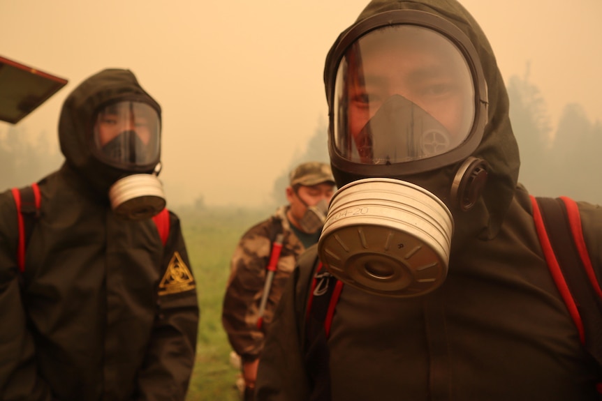 Local fire crews in masks during the 2021 fires in Russia