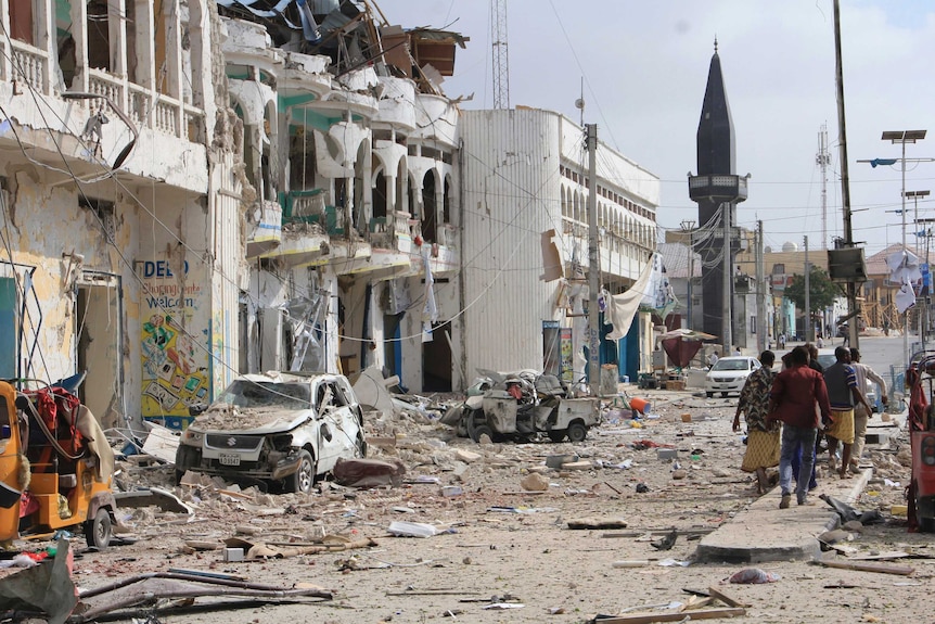 The aftermath of a suicide car bomb at a Mogadishu hotel