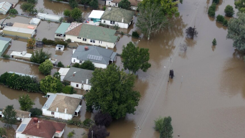 This general aerial view shows flooding in North Wagga Wagga during a helicopter tour by Prime Minister Julia Gillard
