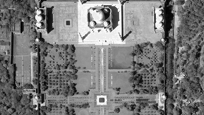 A satellite image of the Taj Mahal. There is nobody in the grounds