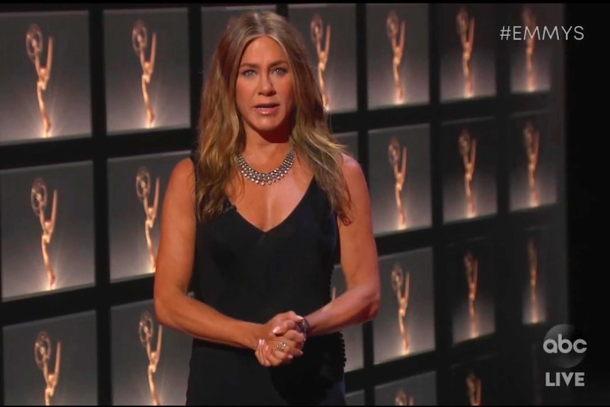 Jennifer Aniston presents at the 2020 Emmys in a black dress