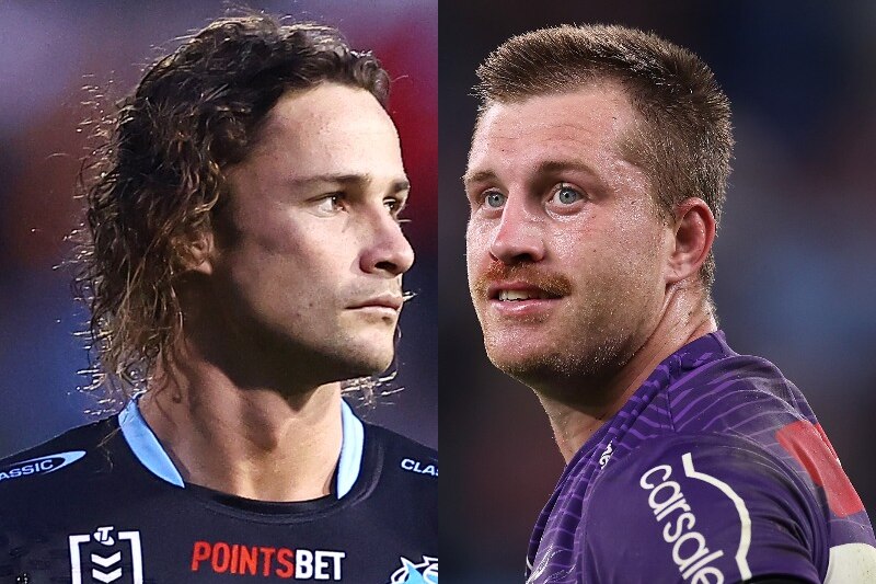 Composite image of Cronulla Sharks halfback Nicho Hynes (left) and Melbourne Storm's Cameron Munster.