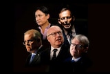 Headshots of Scott Morrison, Penny Wong, George Brandis, Tony Abbott and Kevin Rudd float on a black background.