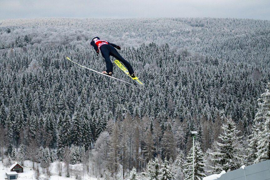 A ski jumper flies in position with a snowy forest below him