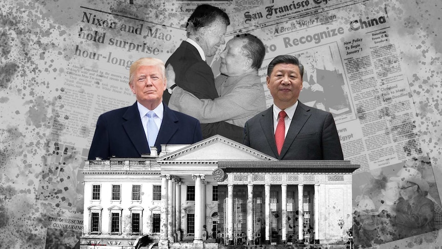 A graphic showing Xi Jinping and Donald Trump standing in the foreground and Deng Xiaoping and Jimmy Carter in the background.