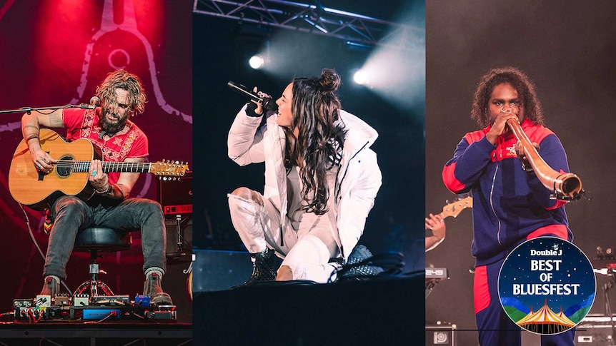 1, close up of Joh Butler on stage, image 2, close up of Amy Shark on stage, image 3 close up of Baker Boy on stage at Bluesfest