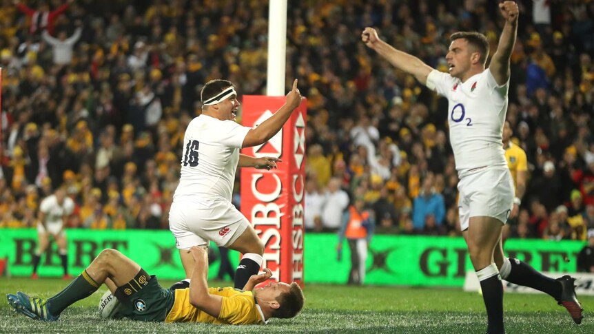 England celebrates Jamie George's try in the third Test against the Wallabies