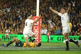 England celebrates Jamie George's try in the third Test against the Wallabies