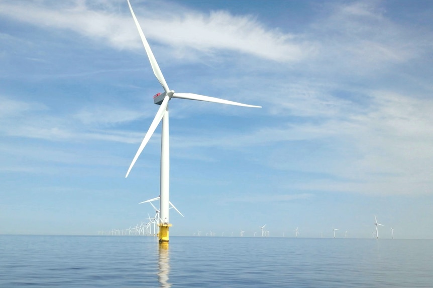 Large wind turbines stand in the ocean. No land is in sight, the wind turbines continue to the horizon.