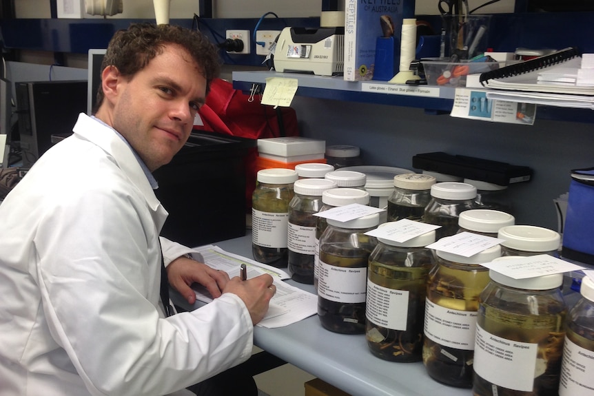A dark-haired man in a lab coat sits at a desk covered in jars, writing on a piece of paper.