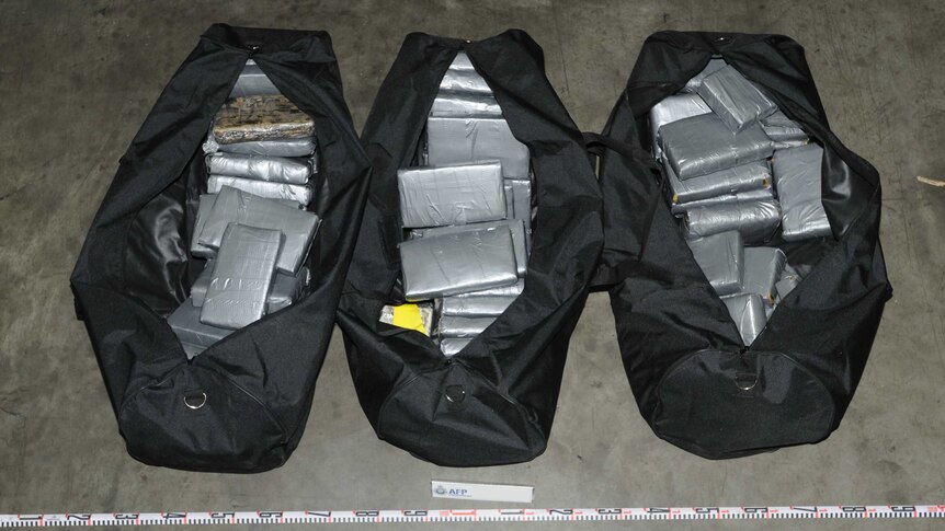 Bricks of cocaine wrapped in duct tape, which were found inside duffle bags on a shipping container.