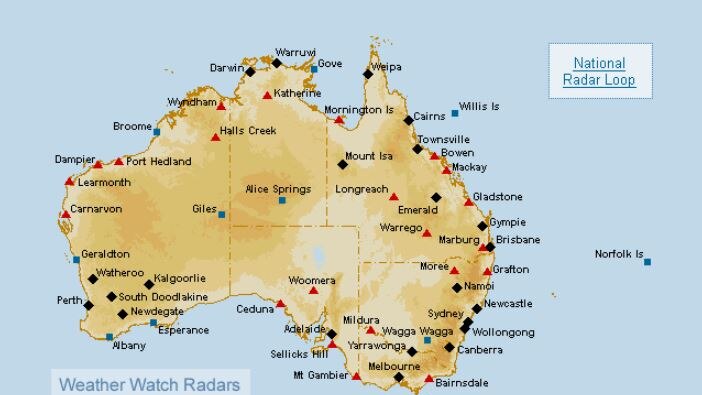 Map of Australia with Bureau of Meteorology weather watch radars indicated across states