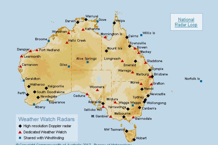 Map of Australia with Bureau of Meteorology weather watch radars indicated across states