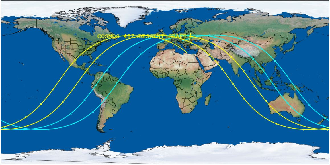 A map of Earth with blue and yellow lines crisscrossing across the middle.  
