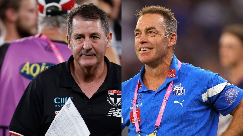 An image combining two AFL coaches, one holding a piece of paper during a game, the other smiling after a victory.