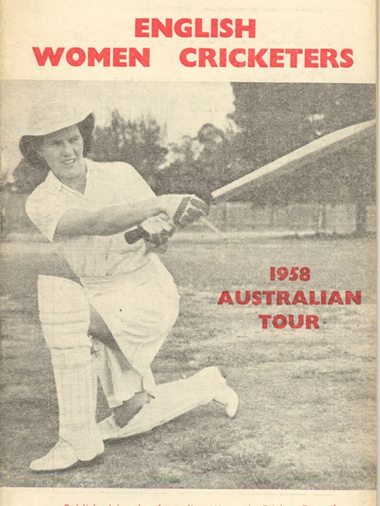 A 1958 black and white brochure cover with a woman kneeling in cricket gear.