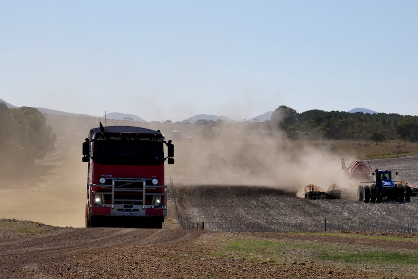 Seeding barley in a dusty paddock