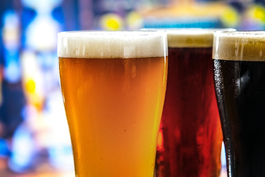 Close up shot of three schooners of beer to depict how checking out a town's pub can be helpful when doing a tree change.