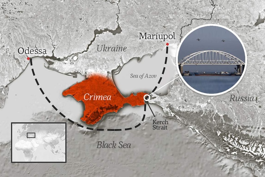 A map shows the route around Crimea that Ukranian ships were travelling when they were fired on by Russia.