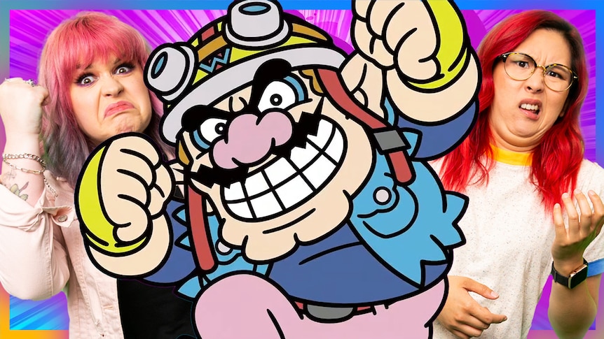 Wario burst from the middle with a big grin, Gem and Rad stand behind. Gem has a fist up like Wario while Rad looks confused