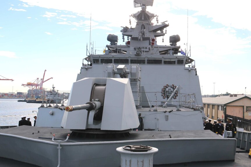 An image of the deck of INS Shivalik, docked at Fremantle Harbour.