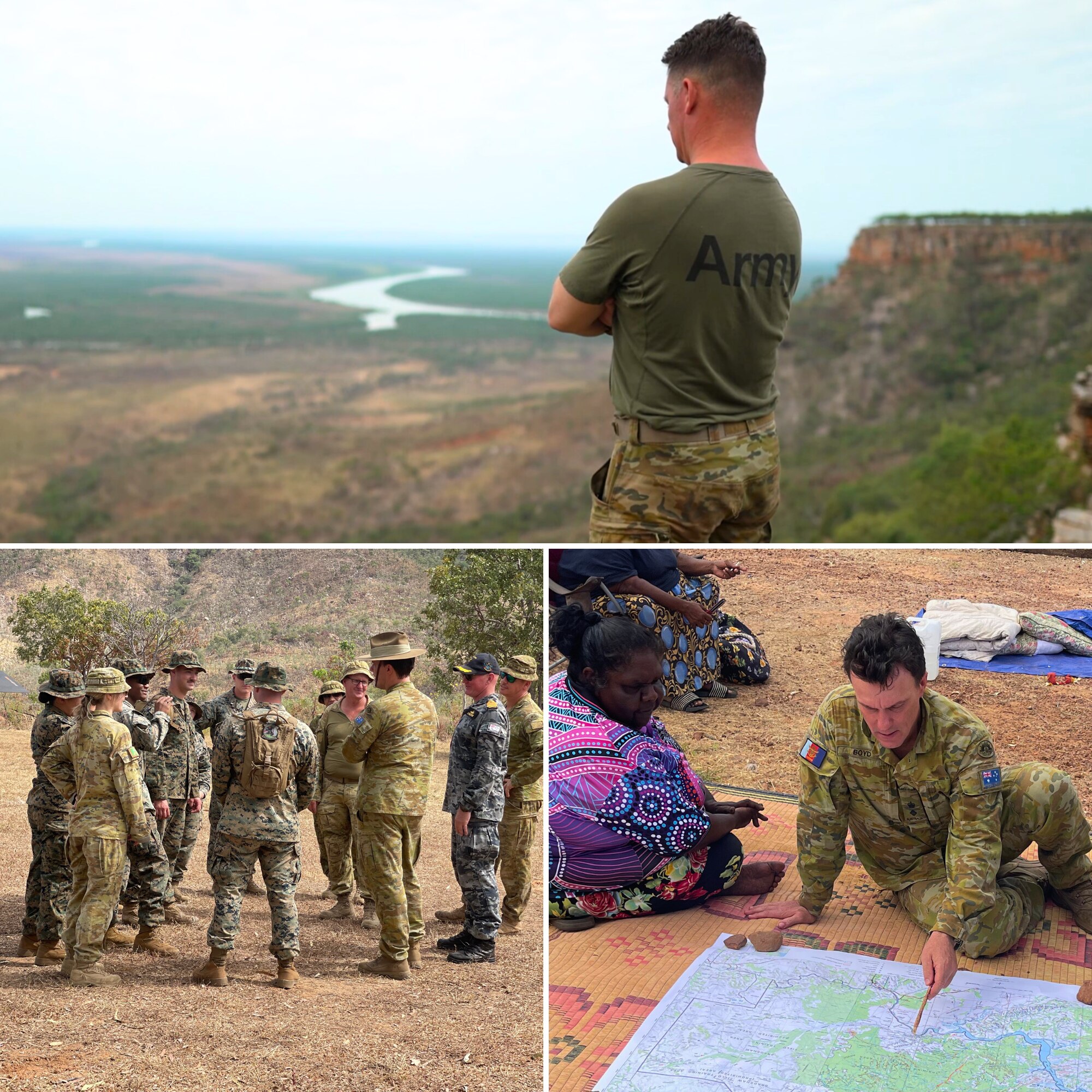 Men in casual military uniform converse in open grassland. An officer looks at a map with Indigenous women