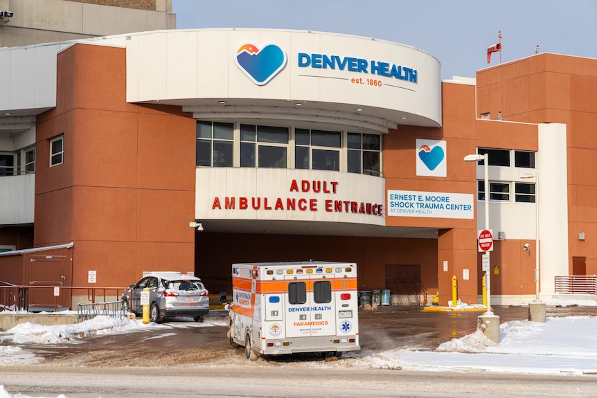 An ambulance at the front of a hospital in Denver, Colorado.