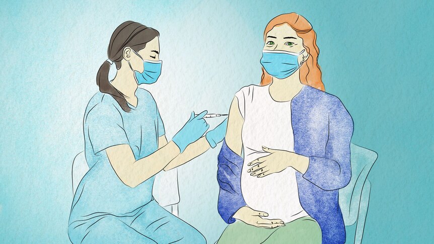 An illustration of a pregnant woman being vaccinated by a medical professional, both are wearing masks.