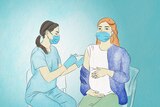 An illustration of a pregnant woman being vaccinated by a medical professional, both are wearing masks.