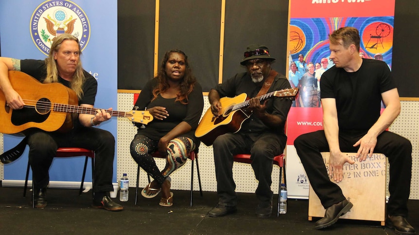 Brian Ritchie (left) and John Sparrow (right) from the Violent Femmes with Eleanor and Raymond Dixon from Rayella