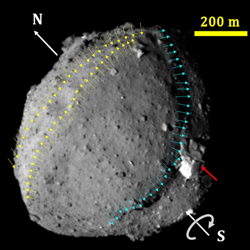 A grey rock with yellow, blue and red arrows pointing to features