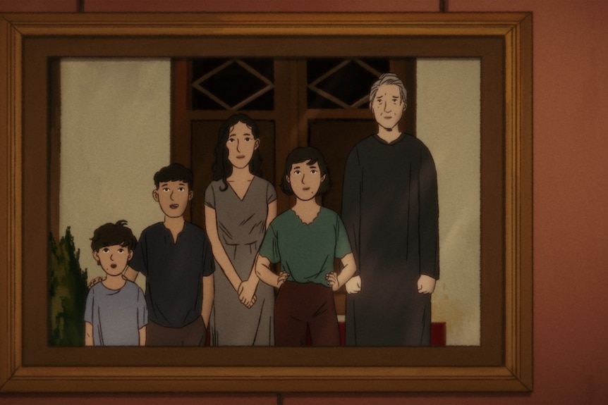 A still from an animated movie featuring a Middle Eastern mother and her four children standing solemnly in a row,