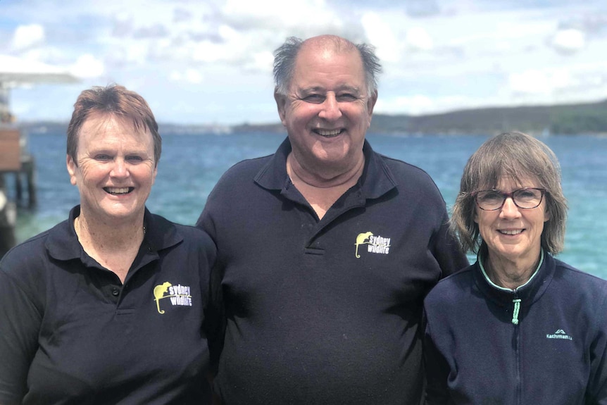 Three people standing in front of the harbour.