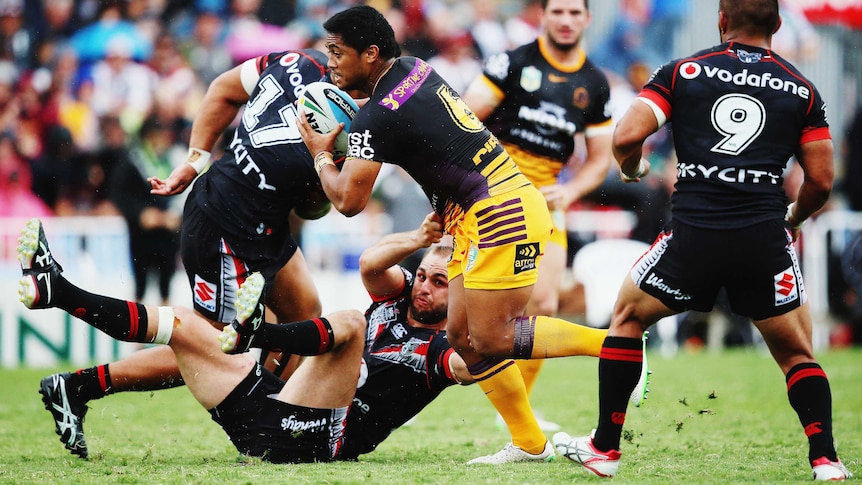 Anthony Milford takes the ball up for the Brisbane Broncos against the New Zealand Warriors.
