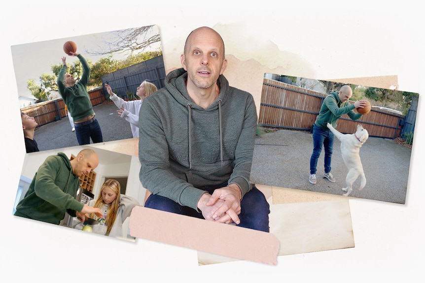 Collage with cutout of a man in green hoodie with photos around him of him playing basketball and cooking with his daughter.