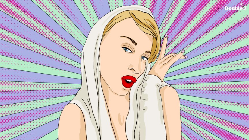 A digital drawing of Kylie Minogue - wearing a white hooded top with long sleeve. The background features green and purple lines