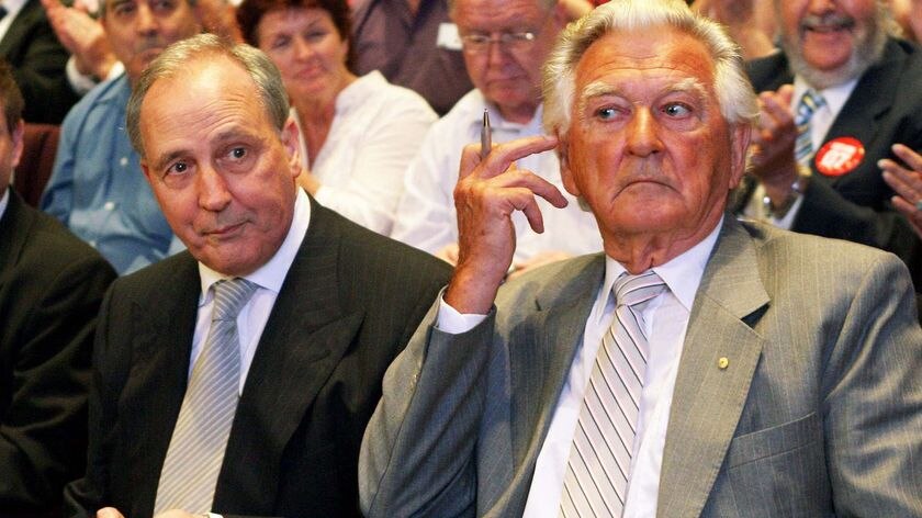 Former Labor Australian prime ministers LtoR Paul Keating and Bob Hawke