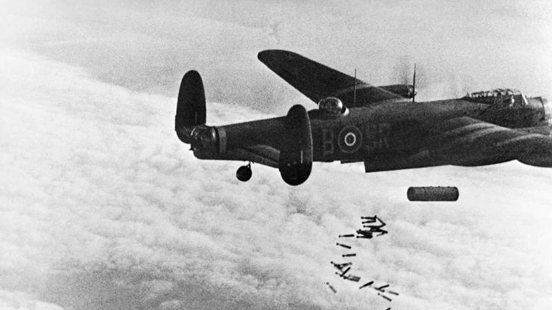 A still from October 1944 shows a HC 4000 bomb being released by an RAF plane.