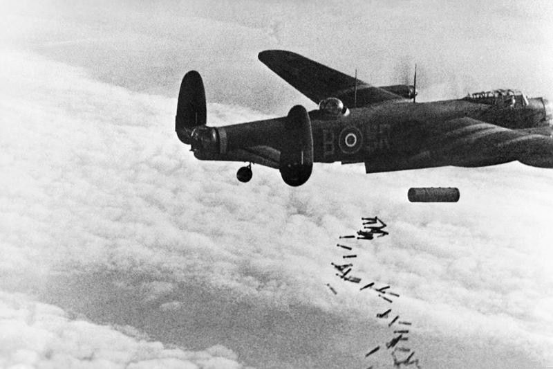 A still from October 1944 shows a HC 4000 bomb being released by an RAF plane.