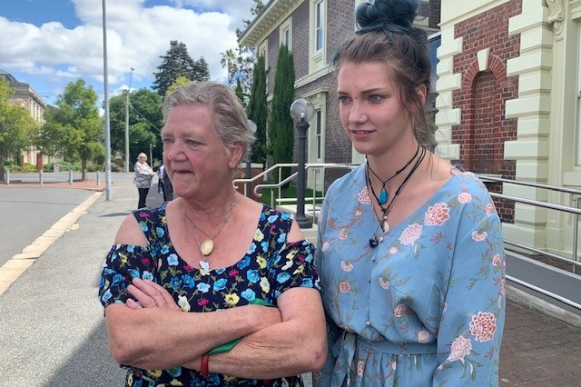 Billy Ray Waters sister Lillie Waters and grandma Denise Waters outside the Launceston Supreme Court, Feb 2020.
