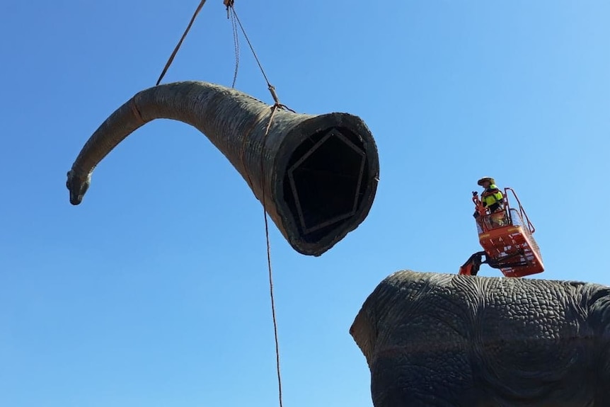 Fibreglass dinosaur head being lifted by crane.