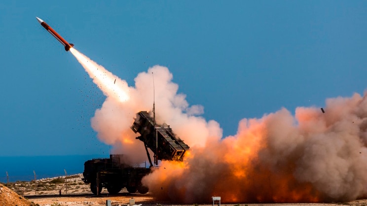 A missile firing from a Patriot air defence system. 