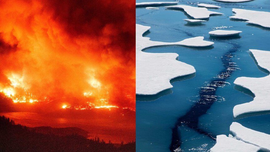 Left = fire. Right = melting ice