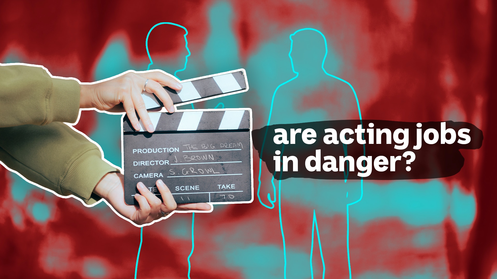 Illustration of someone holding a movie clapper open while silhouettes of two people stand behind.